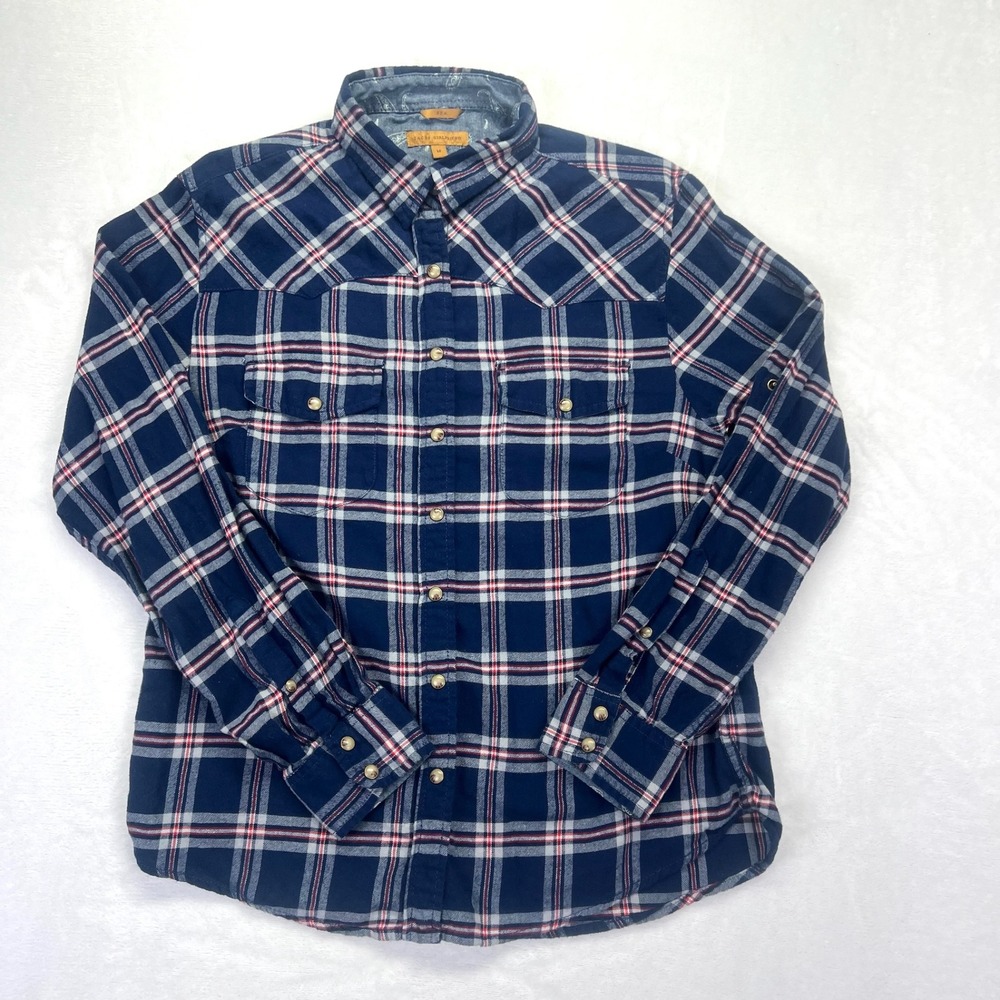 Jacks Girlfriend Womens Navy Blue Red Plaid Flannel Western Snap Shirt Medium